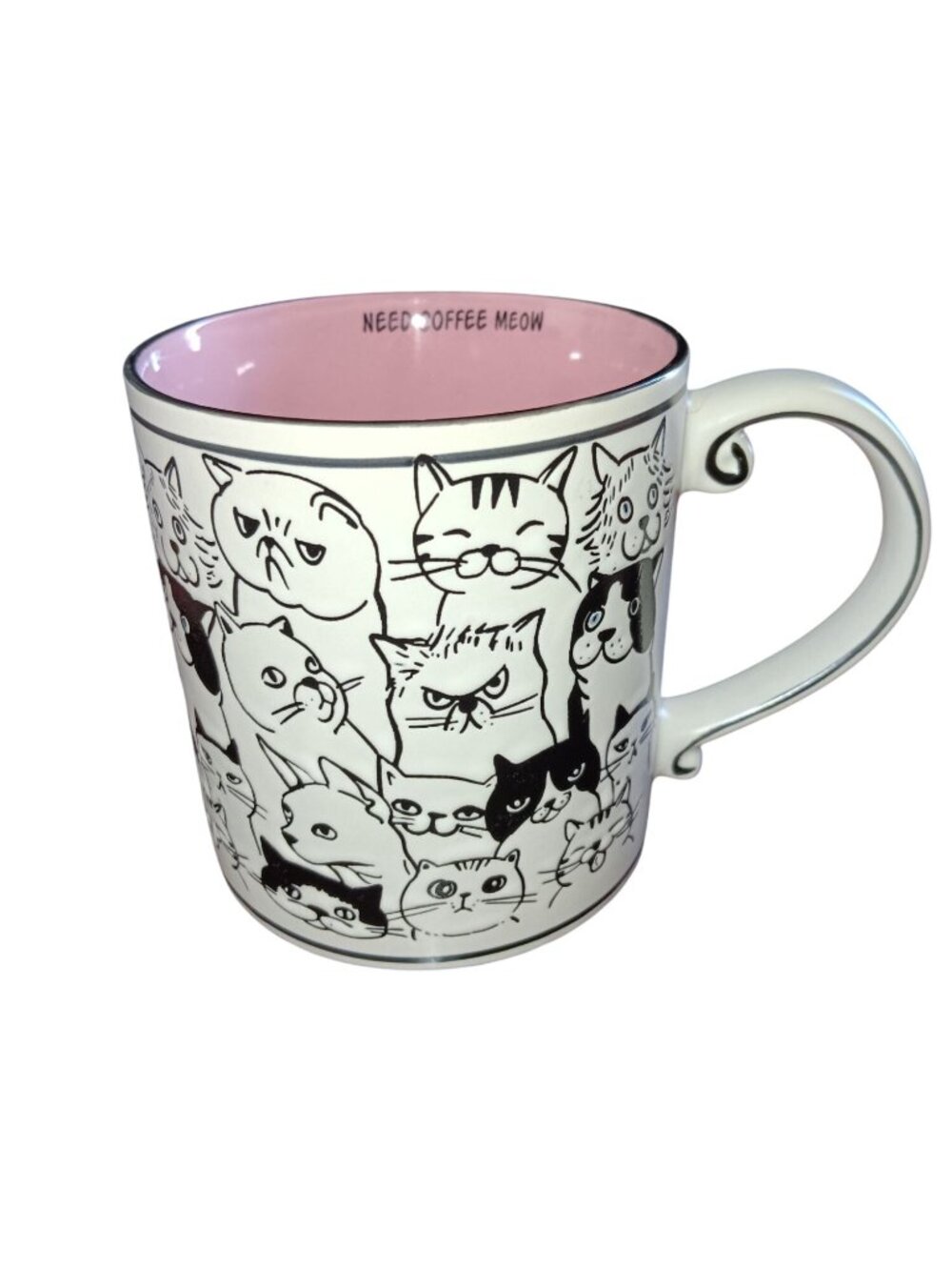 Need Coffee Meow Cat-Themed Ceramic Mug With Pink Interior - Adorable Black & Wh